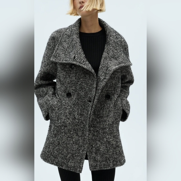 Mango Women's Mottled Double-Breasted Black & White Tweed Pea Coat - Picture 2 of 8